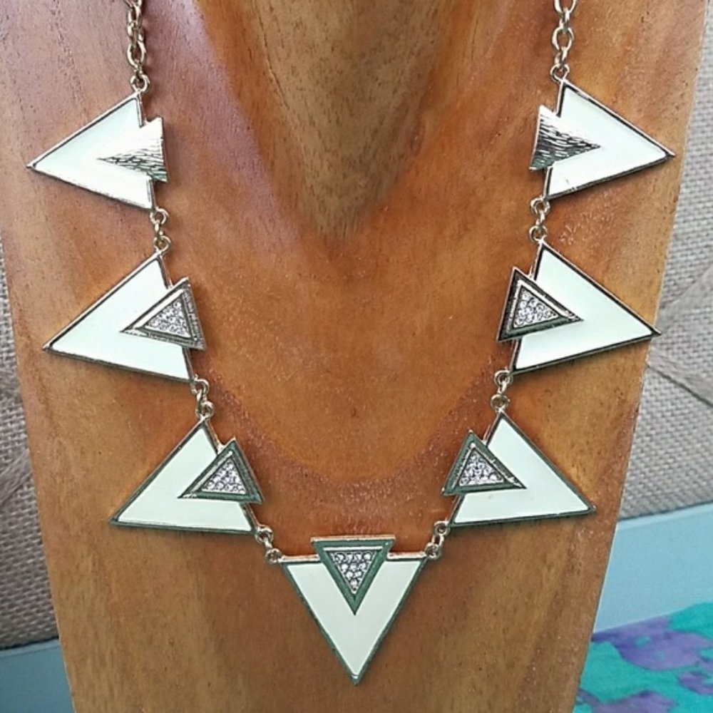 Gold Beige Triangle Statement Necklace Neutral Rhinestone Boho Tribal Party Work